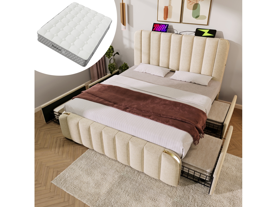 Sofá Cama Acolchado 160x200 Cm Lino, Tiras Doradas, Cargador Usb-c, 4 Cajones, Colchón 7 Zonas Incluido, Base De Listones, Beige