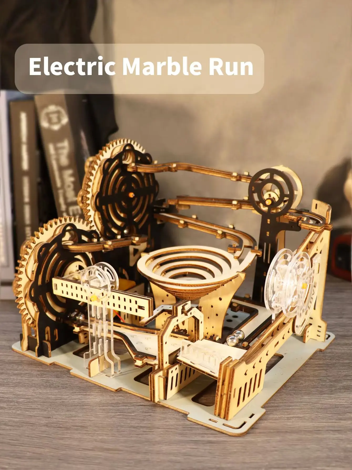 Rompecabezas eléctrico de madera 3D con pista de canicas - Kit de modelo educativo para armar.