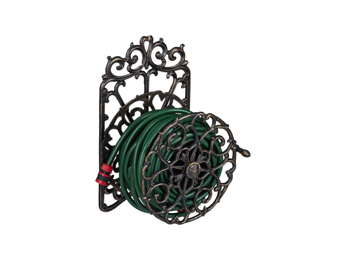 Relaxdays Enrollador De Manguera, Para Pared, Giratorio, Carrete, Hierro Fundido, 52x33x31 Cm, 1 Ud., Negro-dorado