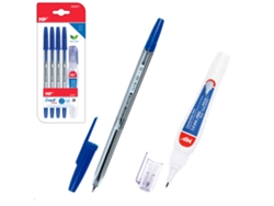 Juego de escritura: 4 bolígrafos azules y 1 bolígrafo corrector líquido.