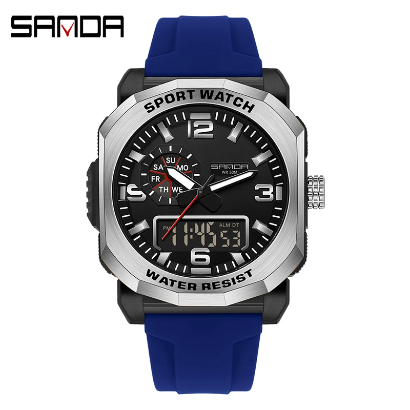 (azul) Reloj Digital Deportivo Para Exteriores – Doble Huso Horario, Cronómetro, Función Luminosa, Resistente Al Agua