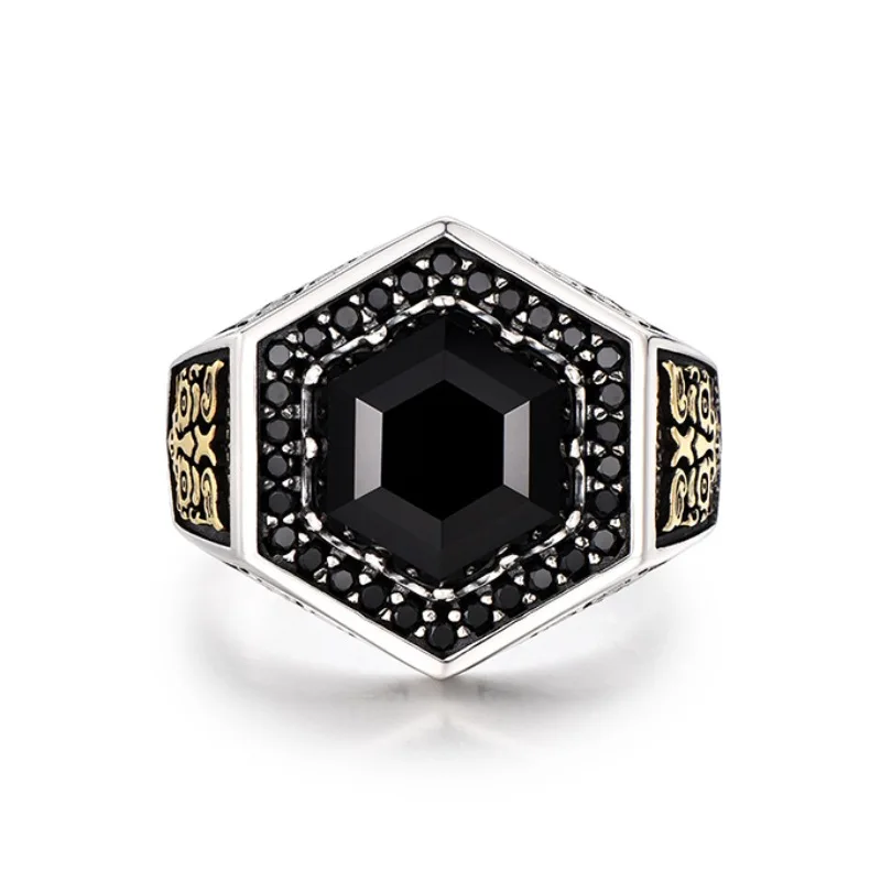 Anillo hexagonal con motivo Taotie, engastado con ágata negra y ajustable para atraer la riqueza. MDUG