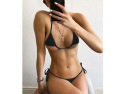 Traje de baño negro de dos piezas con tirantes triangulares, talla L, ideal para fiestas en la playa.