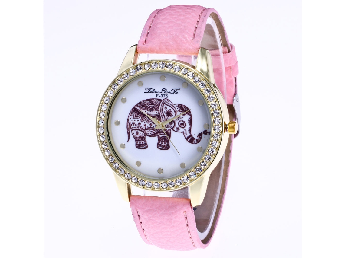 Reloj De Pulsera Para Mujer Con Correa De Pu, Estampado De Elefante, Cuarzo, Zhoulianfa F-375a, Rosa.