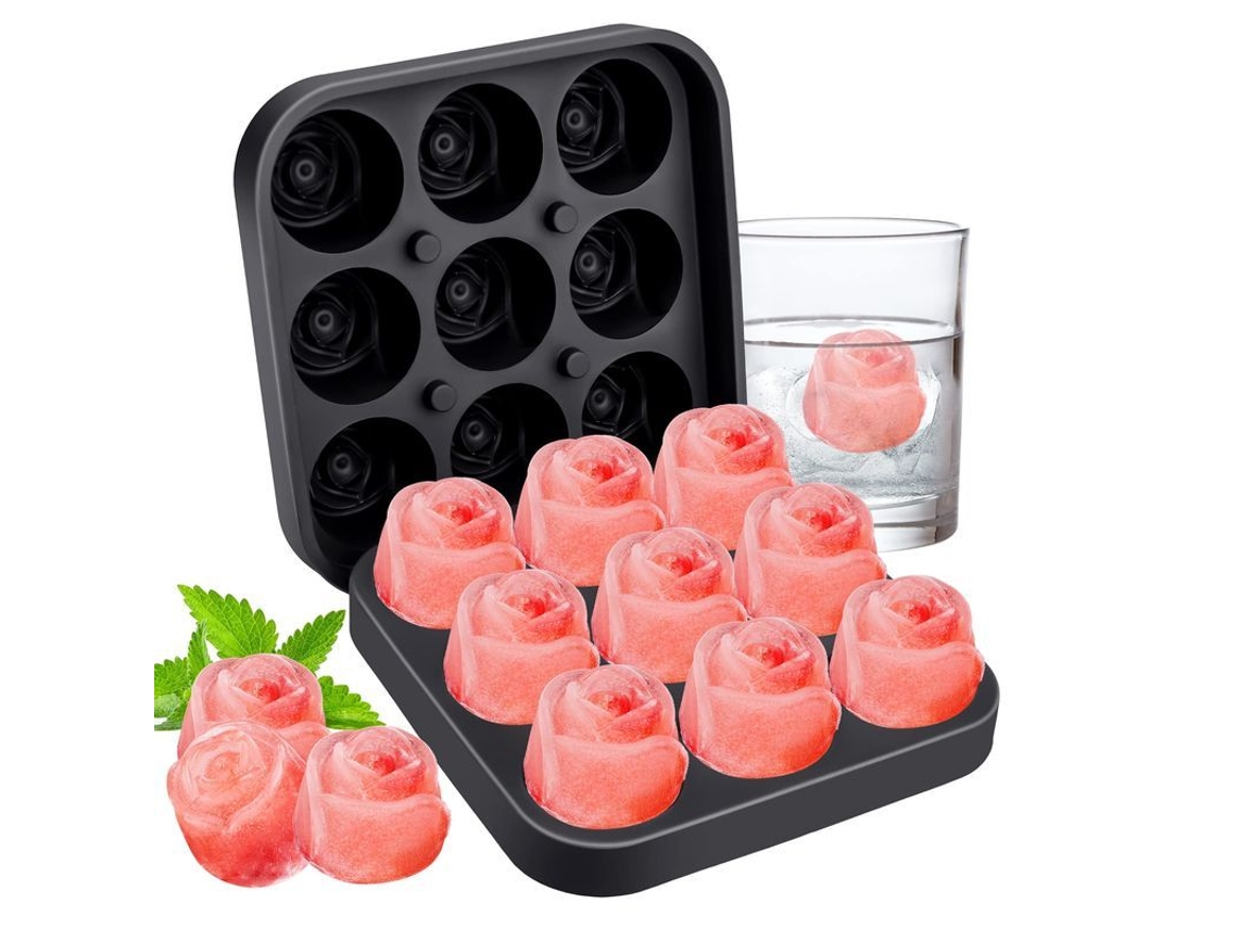 Cubitera de silicona con tapa en forma de rosa y 9 compartimentos para bebidas y alimentos.