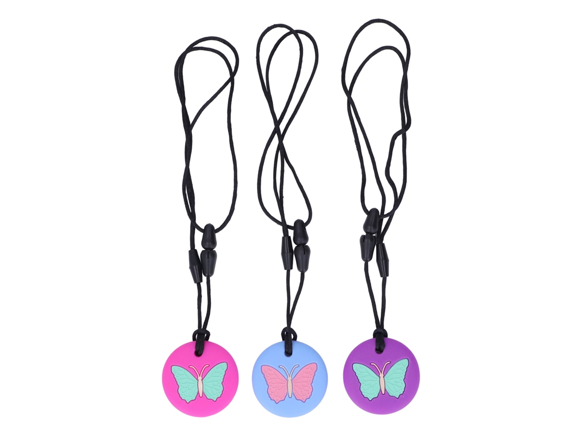 Collar de dentición de silicona suave Rebe de 3 piezas para bebé con estampado de mariposa, lindo juguete sensorial portátil para la dentición.