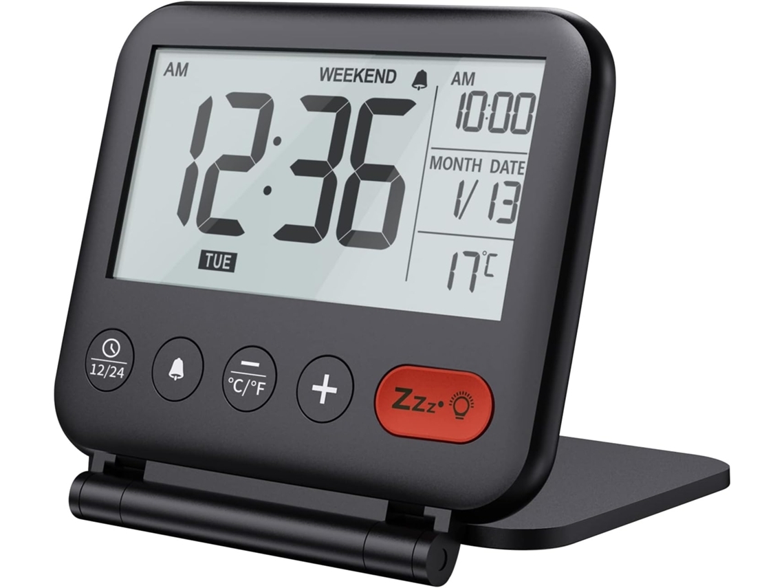 Reloj Despertador Digital Portátil Para Viajes Saisiyiky Des19 Lcd Mini, Calendario, Retroiluminación, Temperatura, Plegable (negro)