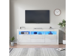 Mueble TV de 160 cm apto para TV de 70 cm con LED, 2 puertas, 2 cajones y 3 compartimentos abiertos, estilo blanco