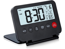Despertador digital pequeño para viajes con pantalla LCD grande, botón frontal con fecha y temperatura, y función de repetición de alarma (negro).