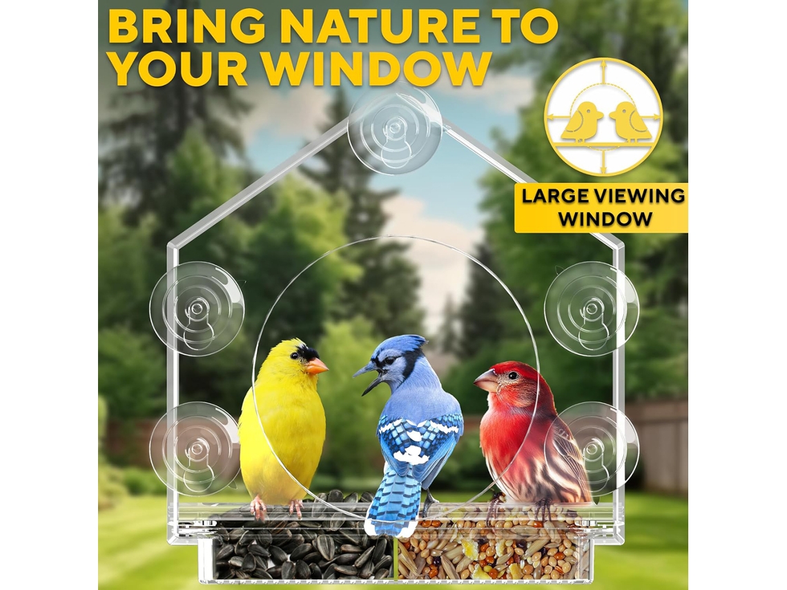 Comedero Para Pájaros Con Ventana Transparente, Ventosas Resistentes Y Techo Inclinado Para Jardín.