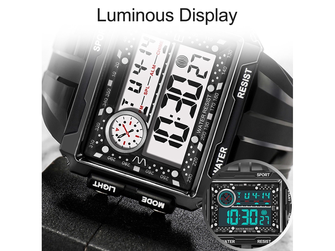 Reloj Deportivo Digital Rectangular Para Hombre, Resistente Al Agua Con Luz Nocturna, Color Negro.