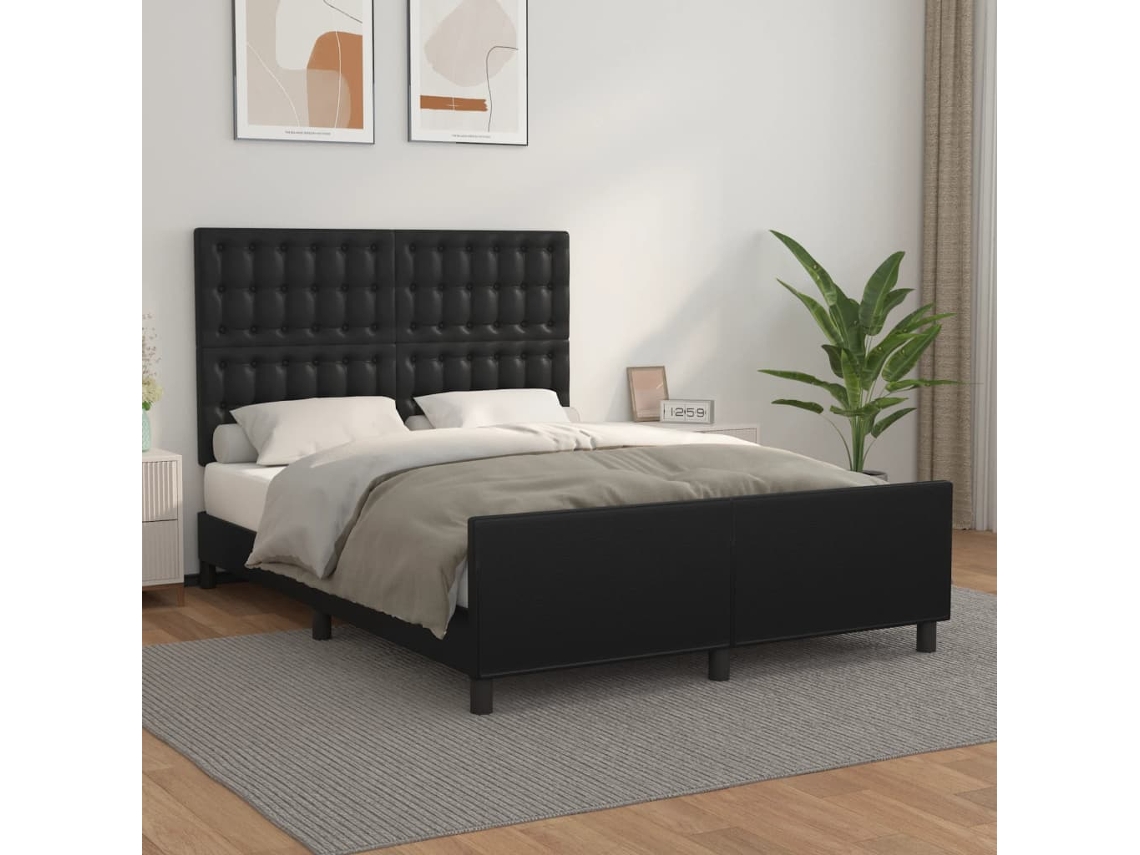 Cama De Matrimonio | Cama Para Adultos | Estructura De Cama Sin Colchón Cuero Sintético Negro 140x190 Cm