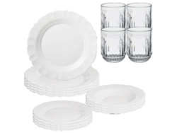 Vajilla blanca de 12 piezas, 4 vasos de cristal transparente (300 ml) de San Ignacio