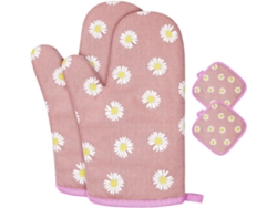 Guantes Dobles (con Dos Asas) - Algodón Antideslizante - Lavables - Resistencia Máxima A La Temperatura 180 °c - Estampado Floral Rosa