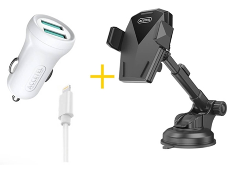 Kit Cargador Auto para iPhone 12 Pro ACCETEL SP129 (2.4A - Lightning - Blanco y Negro)