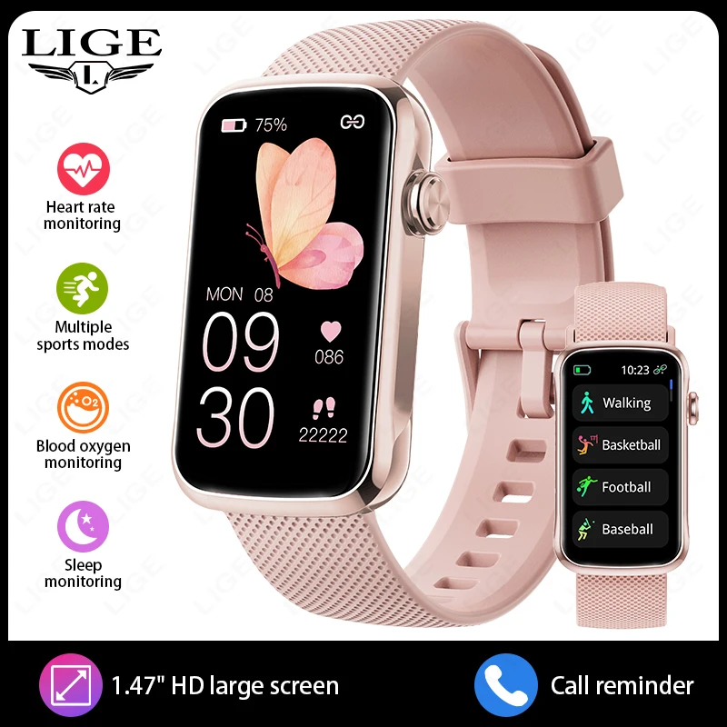Pulsera inteligente (rosa) con monitorización de frecuencia cardíaca y oxígeno en sangre, resistente al agua IP68, ideal para deportes.