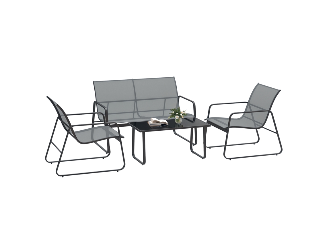 Conjunto De Exterior 4 Piezas-mesa Centro, Banco 2 Plazas Y 2 Sillas, En Metal Texteline Gris Claro.