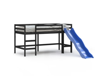 Cama alta de niños VIDAXL con tobogán madera maciza negra (90x200 cm)
