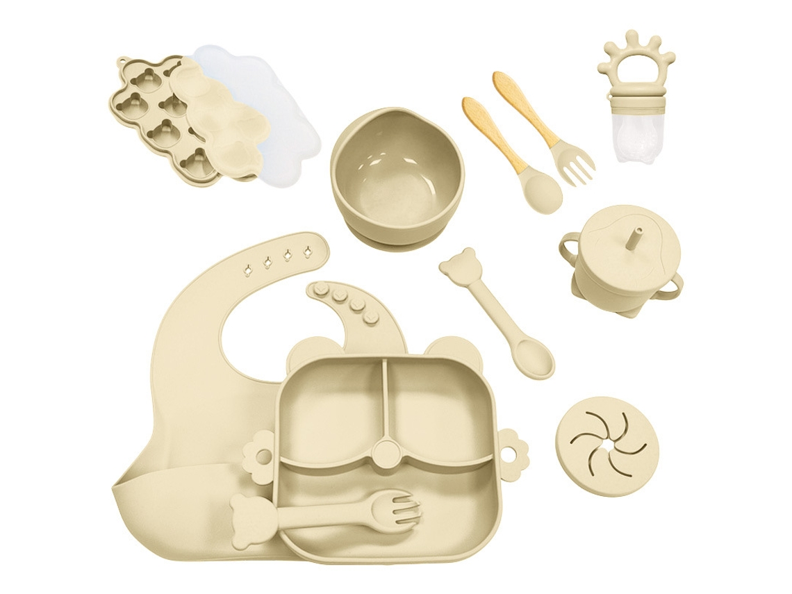 Set de alimentación complementaria para bebés CHRUI, 6+ meses, plato, tazón, taza y cubiertos de silicona, 11 piezas (beige)
