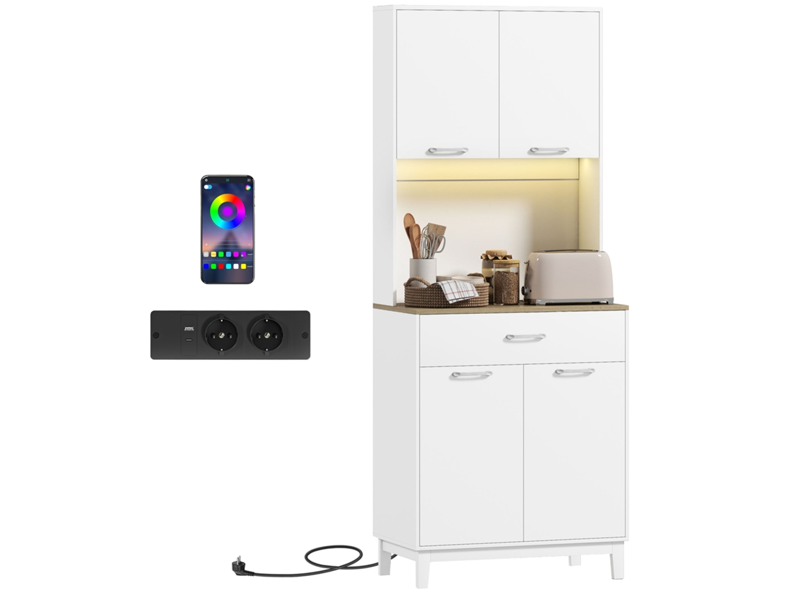 Aparador moderno com luzes LED ZENCORE SERVICES, tomadas, portas USB, 2 armários, gaveta, 71x40x180cm, branco
