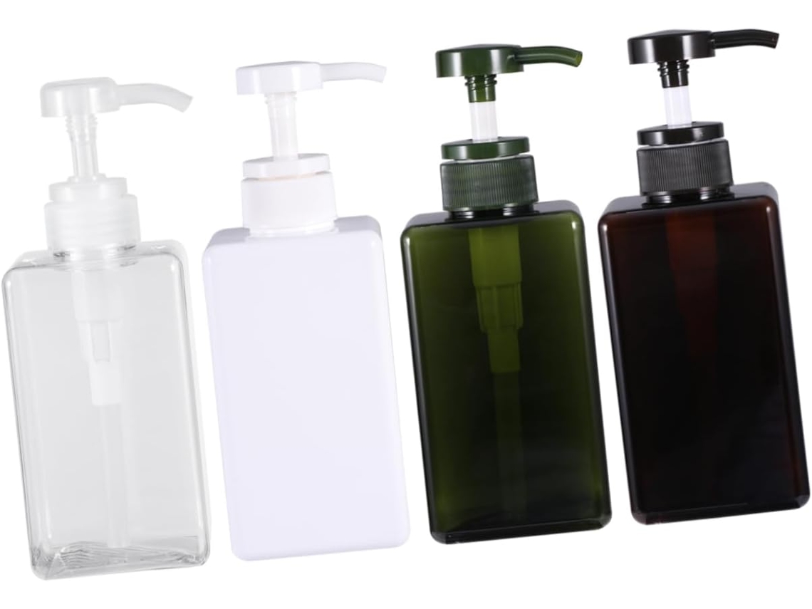 Juego de 4 botellas dispensadoras con bomba recargables, envases transparentes para gel y champú.