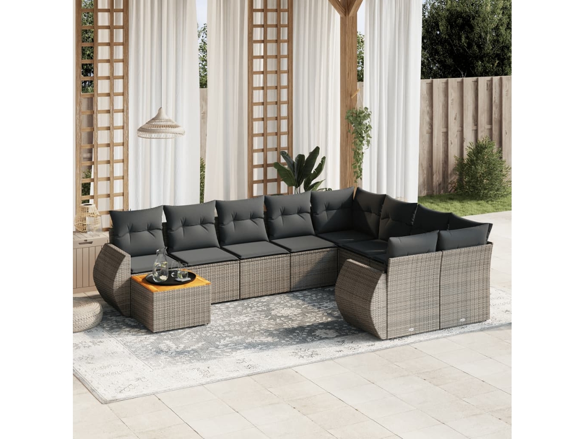 Conjunto de sofá de jardín de 10 piezas con cojines, ratán gris, DKD Home Decor