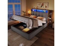 Cama Tapizada 90x200 Cm - Con Función De Carga Usb Tipo C, Almacenamiento Multifuncional, Iluminación Led, Botón De Presión/app, Lino, Gris