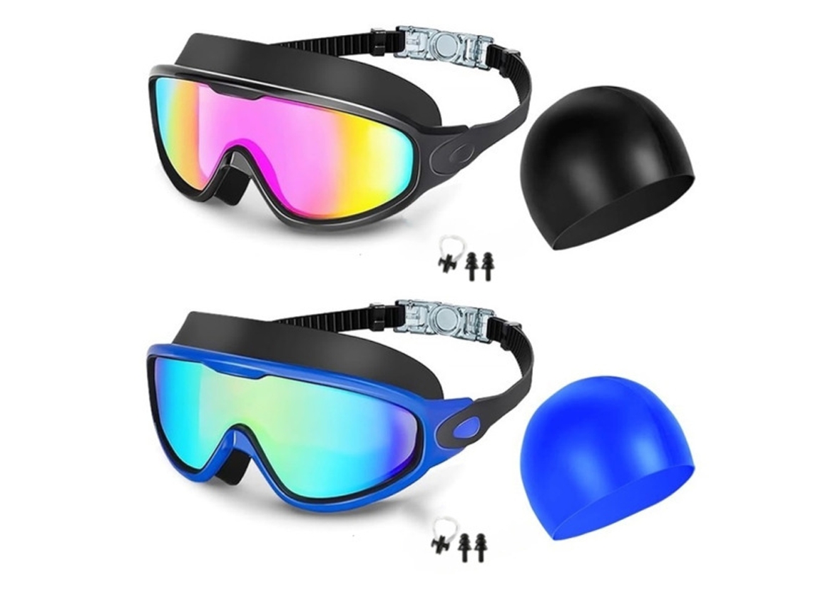 Nuevas gafas de natación con protección UV2000, negras con acabado rosa + azul oscuro con acabado dorado + juego de 6 piezas (pinza nasal, tapones para los oídos).