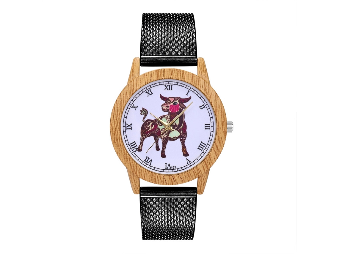 Reloj De Pulsera Unisex De Cuarzo, Estampado Animal, Escala Romana, Correa De Malla Negra.