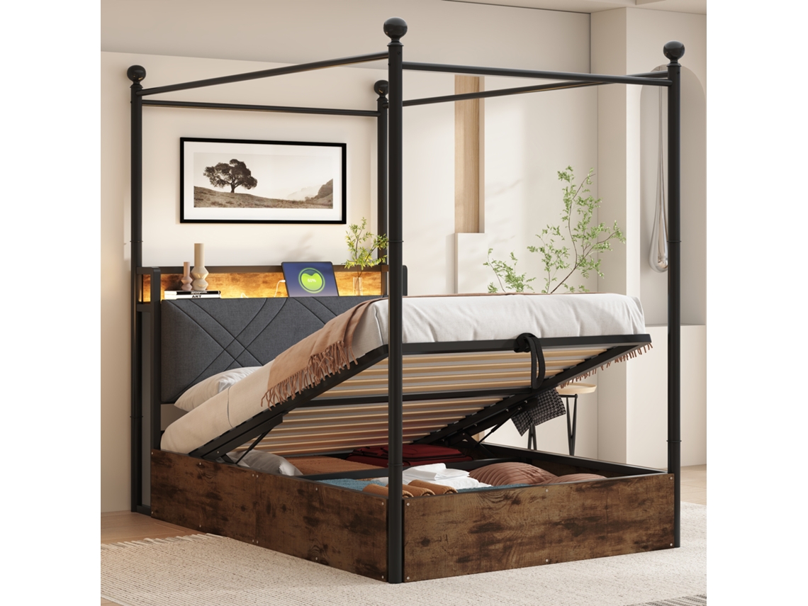 Cama Con Dosel De 90x190 Cm, De Metal, Con Led, Usb Y Espacio De Almacenamiento.