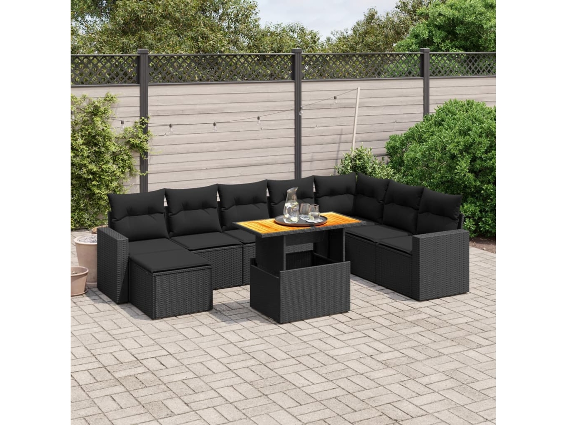 Conjunto de sofá de jardín de 9 piezas con cojines, ratán negro, Dkd Home Decor