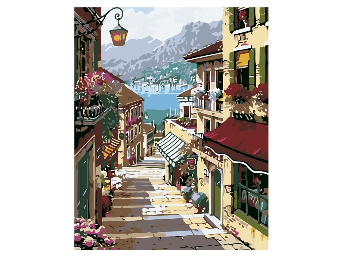 Tela con diseño para pintar por números, 40 x 50 cm. Diseño "Calle junto al mar". Incluye pinzas y las pinturas necesarias.