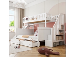 Litera infantil de 90x200/140x200 cm en madera maciza con tobogán, estante y 2 cajones, color blanco Mobrio
