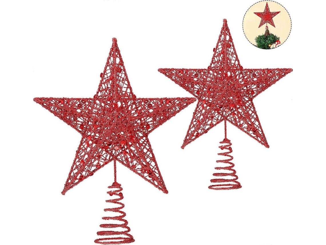 Omni-2 Copas De Estrella De Metal Con Brillo Para Árbol De Navidad Talla 15 Y 20 Cm Plata Rojo
