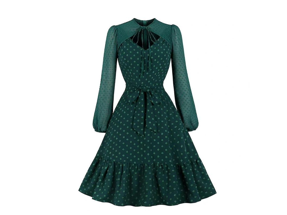 2026-vestido A-line Casual De Manga Larga Con Puntos Y Encaje Para Mujer Vintage