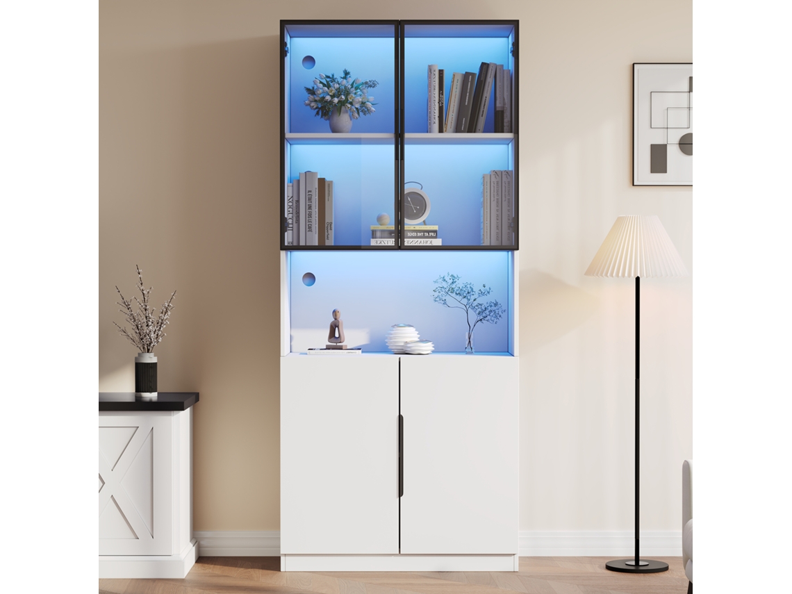 Vitrina moderna con iluminación LED, puertas de cristal, estantes para libros y objetos de colección, iluminación regulable, 80×30×200 cm, color blanco