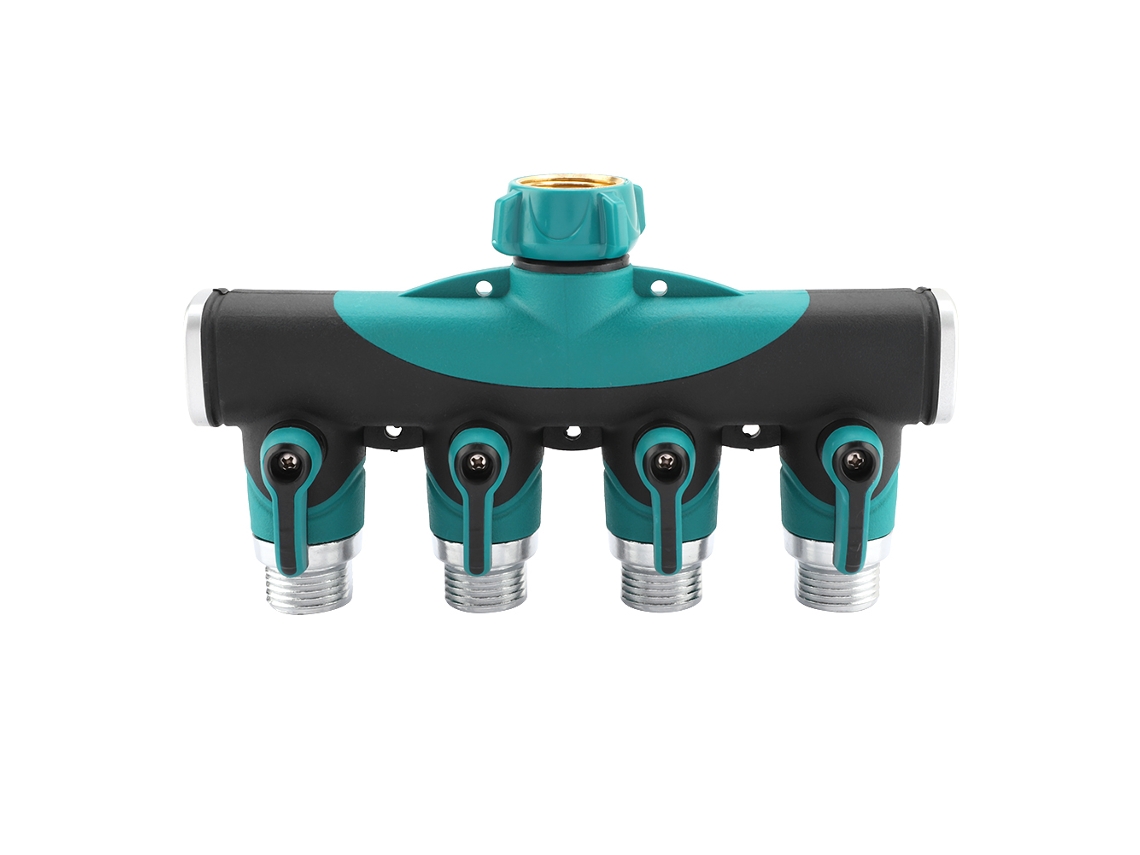 Conector de manguera de 4 vías y 3/4" con válvula de cierre