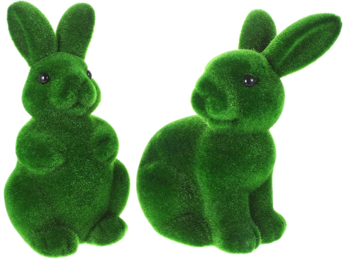 Inoomp 2 Figuras De Conejos Flocados Verdes Pequeños, Figuras Decorativas De Pascua Para Jardín, Terraza Y Oficina