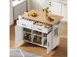 Isla De Cocina Móvil De 145x45x95cm, Con Tablero Plegable, Estantes Ajustables Y 5 Ruedas.