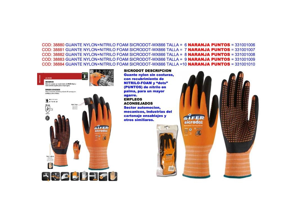 Guante nylon+nitrilo foam sicrodot-wx666 t   7 naranja 331001007