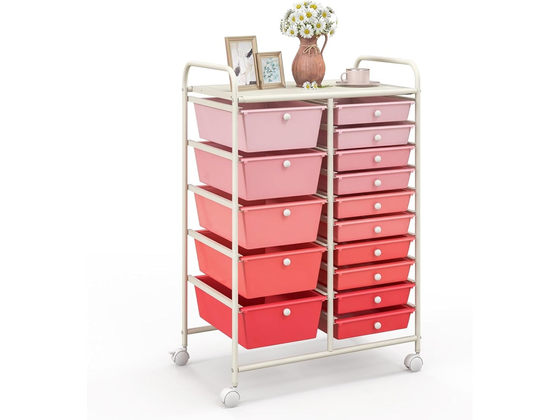 Carrito Auxiliar Almacenamiento con 15 Cajones Apilables y Ruedas Estructura Metálica, Carro Organizador para Cocina Restaurante (Rosado Degradado) COSTWAY