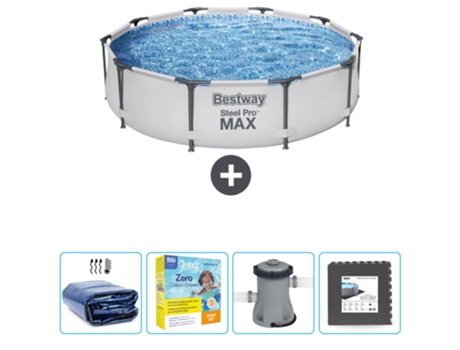 Piscina BESTWAY Round Steel Pro MAX - 305 x 76 cm - Gris - Incluida Vela solar - Paquete de mantenimiento - Bomba - Baldosas