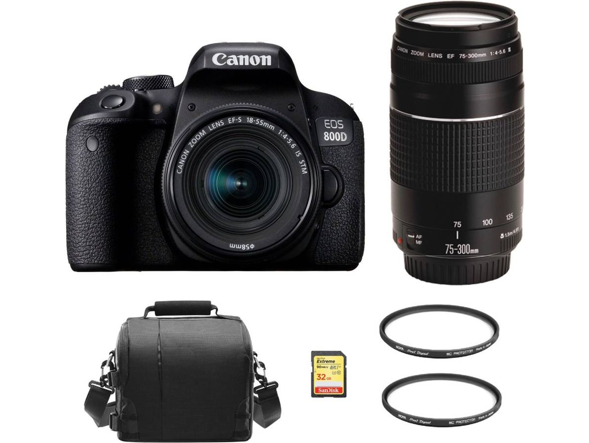 Kit Cámara Réflex CANON EOS 800D EF-S 18-55mm F4-5.6 IS STM + EF 75-300mm F4-5.6 III + SD de 32GB + Bolsa + Hoya 58mm PRO 1D Protector + Hoya 58mm PRO 1D Protector