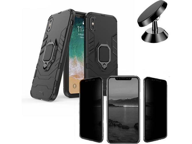 Kit Funda, Protector Privacy y Soporte Magnetico iPhone X, XS Military Defender Negro