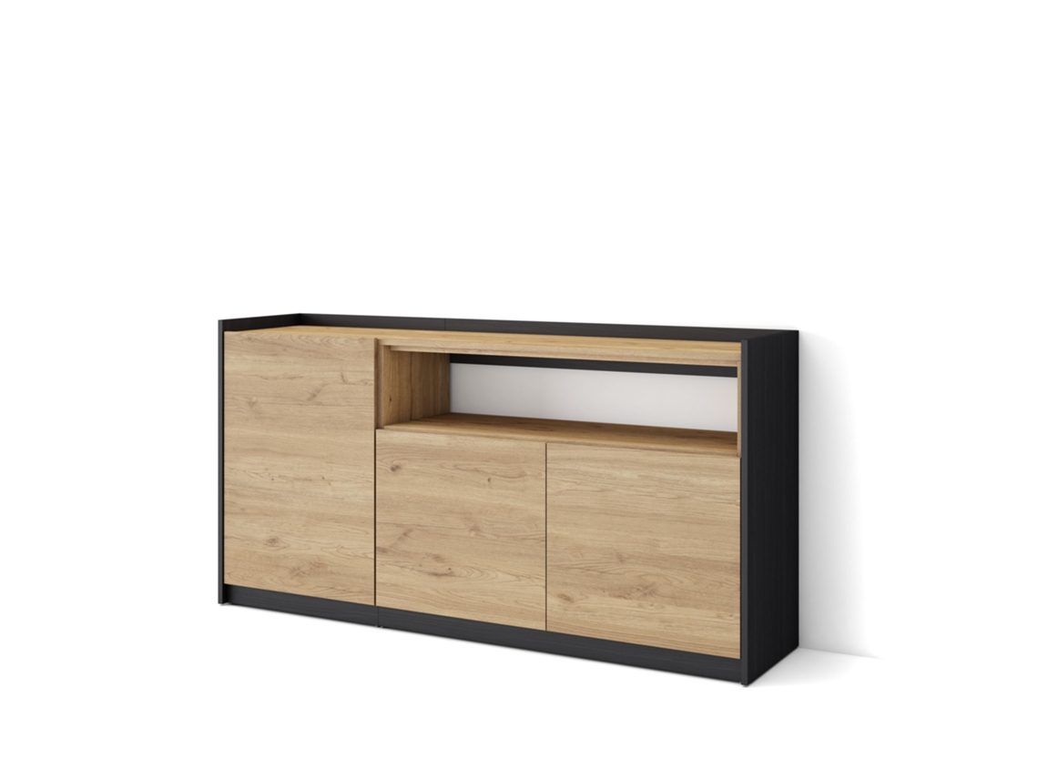 Aparador de comedor, 156x37x80cm, 3 puertas, armario de almacenamiento, roble y negro.