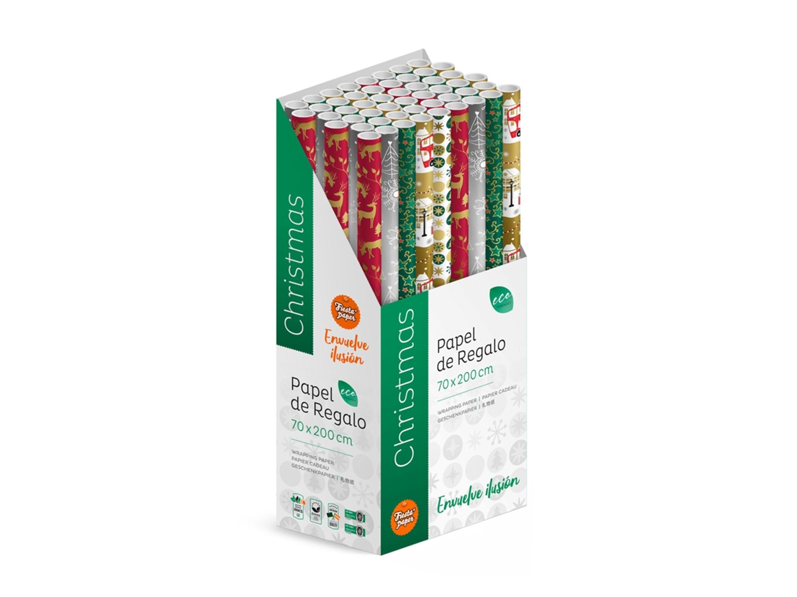 Pack 50 Rollos Papel Regalo Christmas B 2m X 70cm Navideño, Caja Expositora, Diseño Festivo, Listo Para Tienda, Regalos Navidad Tiendas Comercios - Fp Fiesta Paper