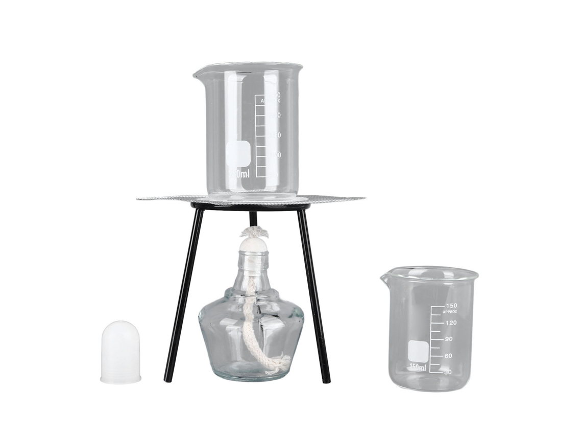 Kit de calentamiento químico de laboratorio: mechero Bunsen, trípode y accesorios.