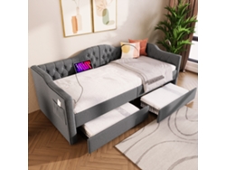 Cama con cajones 90x190 cm tapizada en lino con función de relleno y somier de láminas color gris (colchón no incluido)