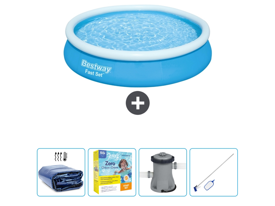 Piscina Hinchable Redonda Fast Set BESTWAY - 366 x 76 cm - Azul - Incluida Vela solar - Paquete de mantenimiento - Bomba - kit de limpieza