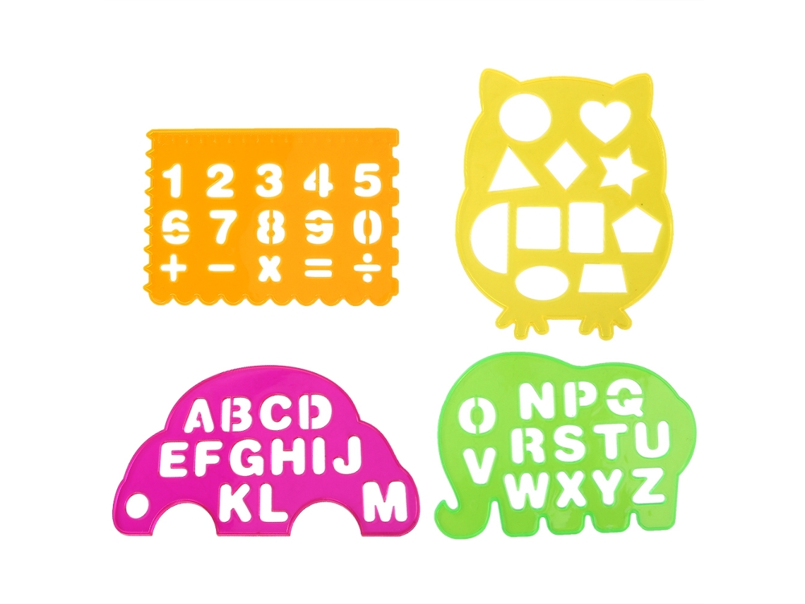 Régua geométrica de 4 peças para desenhar letras e números - Brinquedo educativo para crianças